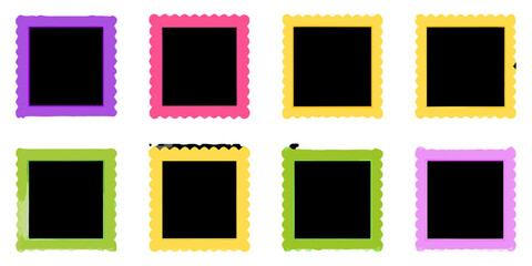 A collection of eight colorful rectangular postage stamp frames on black