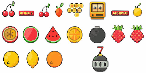 Colorful pixel art icons depicting various fruits a bonus and slot machine symbols