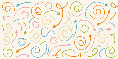 Colorful doodles of arrows swirls and floral elements on a pale background