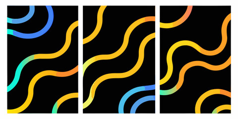 Abstract triptych featuring colorful wavy lines against a black background