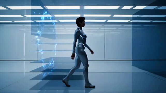 Black woman walking toward glowing energy portal in sleek corridor, stepping through ring of blue particles as holographic shards ripple and diagnostics flash on glass panels.