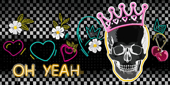 A vibrant skull illustration adorned with flowers hearts and a crown