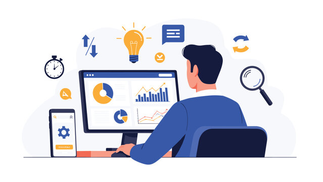 Businessman sitting at a desk analyzing data on a computer screen surrounded by various icons representing ideas and time management.