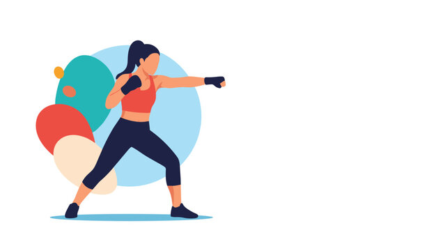 Active young woman in sports clothing practicing boxing movements with gloves against an abstract colorful circular background.