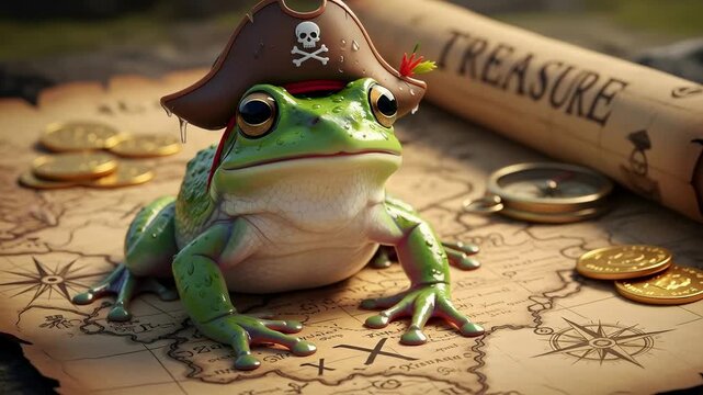 Green frog wearing pirate hat with skull sits on a treasure map with gold coins and compass adventure themed close up, footage