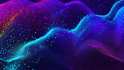 A vibrant abstract digital landscape composed of illuminated dots and curving lines