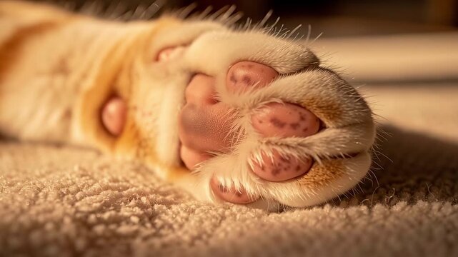Closeup of a cats paw with pink toe beans resting on a soft blanket in warm sunlight.