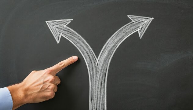 Navigating Paths: A hand points toward a split pathway of arrows drawn on a dark blackboard, symbolizing decision-making and choices, conveying concepts of direction and options. 