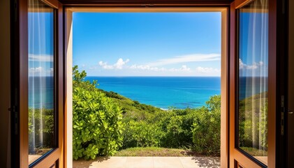 Seaview Through an Open Door: A mesmerizing view unfolds through an open doorway, revealing a breathtaking panorama of the vast ocean meeting a vibrant, green landscape. © CrazyJuke