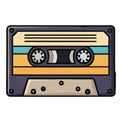 Fototapeta premium Vintage cassette tape with yellow and blue stripes on a grey casing, evoking nostalgia for 80s and 90s music eras
