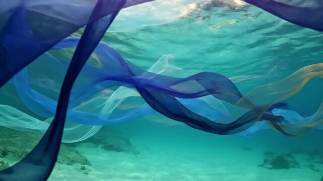 Dynamic Kelp Forest Ribbons Long, flowing strands of kelp and algae mimicking fabric-like ribbons, powerfully swayed by strong undercurrents.