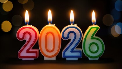 Year 2026: Candles Aglow: Colorful candles ignite, illuminating the year 2026. A visually striking composition to welcome the new year with optimism and hope. 