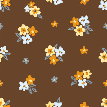 Floral vector seamless pattern. Small flowers on a brown background. For fabric prints, textile products,  summer clothing.