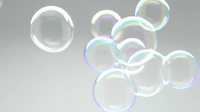 ultra-macro video of perfectly formed iridescent soap bubbles floating upwards against a spotless white background with soft bokeh, shimmering rainbow reflections. Serene purity and freshness