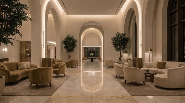 realistic five star hotel lobby interior, grand modern architecture, marble floor, high ceiling, luxury seating, soft ambient lighting, warm tone color grading, realistic shadows
