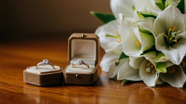 Diamond solitaire engagement and wedding rings in velvet boxes and a fresh lily bouquet. Bridal jewelry set for celebration.