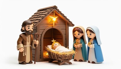 Fototapeta premium Christmas Nativity Scene: A heartwarming representation of the Nativity, depicting baby Jesus in a manger, with Mary, Joseph, and the star, symbolizing faith and the spirit of Christmas.