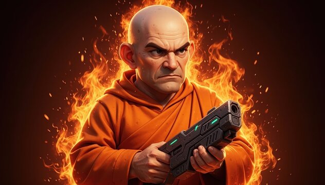 Monk and Weapon in a Fiery Inferno: A determined monk, clad in an orange robe, firmly grips a modern weapon against a backdrop of intense flames. An atmosphere of resolve and action