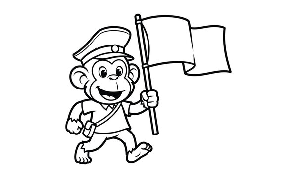 Cartoon monkey postman character holding flag for coloring activity