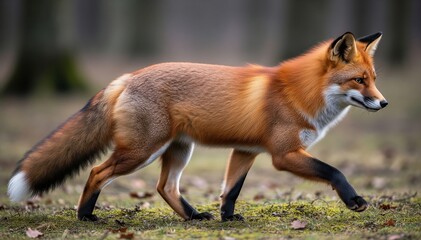 Fototapeta premium Elegant Fox's Stroll: A vibrant fox gracefully strides through its natural habitat. The creature's rich, auburn coat and alert gaze depict the beauty of nature.