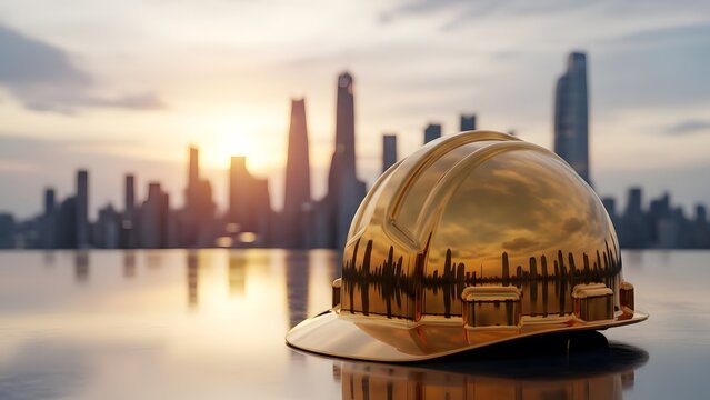 Celebrating labour day and may day with a hard hat and city skyline
