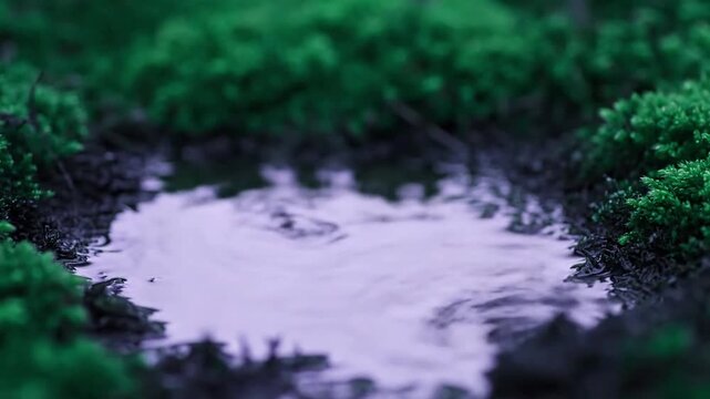 Abstract Duotone Water Texture Focus on the abstract texture of a duotone micro lake's surface or shallow bed, where light and shadow interplay with the two-color filter. The scene should be
