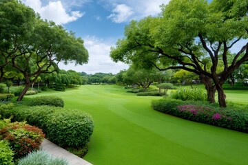 Naklejka premium Expansive golf course fairway with lush green grass