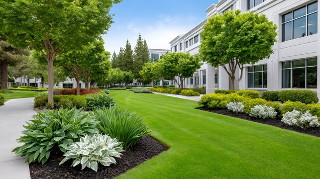 Corporate campus building with lush green landscaping