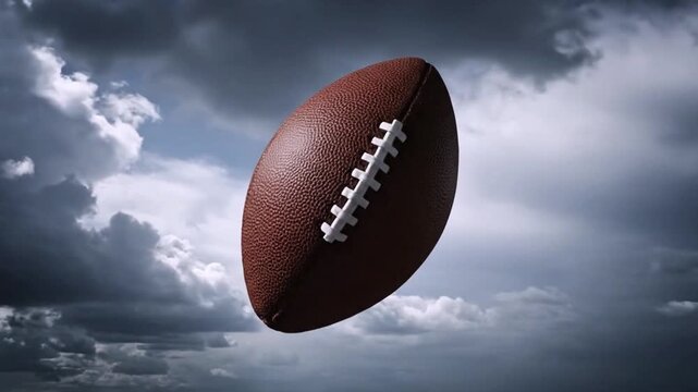 American Football Floating in Air with Dramatic Cloudy Sky Background Sports Action