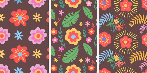 Repeating floral pattern with red and orange blossoms on a brown background