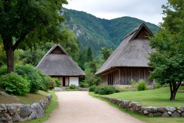 Fototapeta premium Shirakawa-go Gassho-zukuri houses with thatched roofs in village