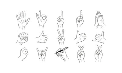 Fototapeta premium Human hand gestures set sketch collection communication body language