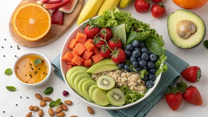A fresh organic fruit and vegetable salad with tomato, cucumber, and lettuce served on a white plate as a healthy vegetarian meal for a nutritious diet