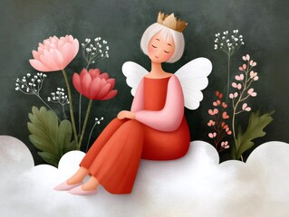 Fototapeta premium Angel queen sitting on a cloud with flowers