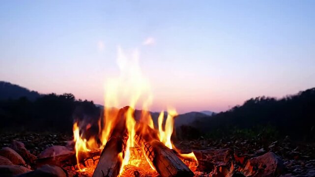 Close-up on glowing embers with cool dawn hues in the soft-focus background Close-up