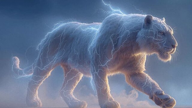 Digital artwork featuring a lightning tiger, standing alert on dark background Electric fur, dramatic lighting, and vivid hues Limited color palette, CGI style with high detail and sh - AI-Generated