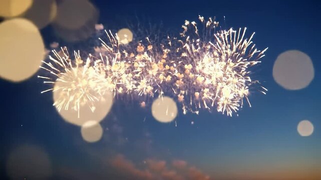 Elegant golden & amber fireworks explode dramatically, leaving painterly light trails against a deep sapphire blue night sky with shimmering bokeh. Triumphant celebration atmosphere