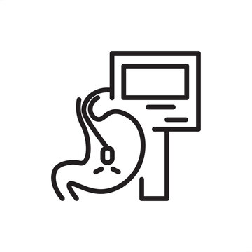 Endoscope testing icon. Internal medical imaging and gastric diagnostics, representing gastroscope procedures, minimally invasive screening, clinical visualization tools, and organ health monitoring.