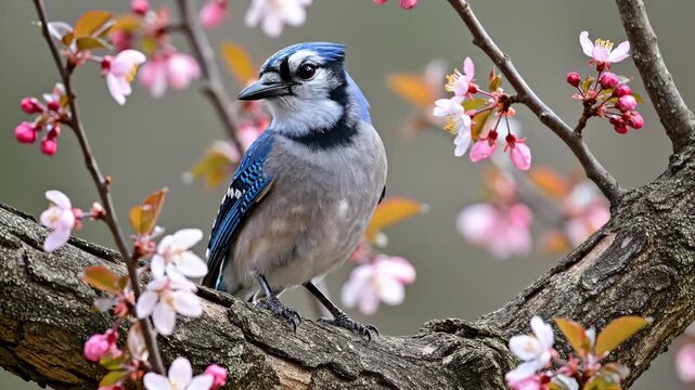 Blue Jay Perched Among Spring Blossoms