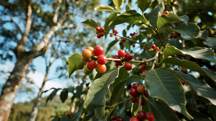 Coffee cherries growing under forest shade, sustainable farming