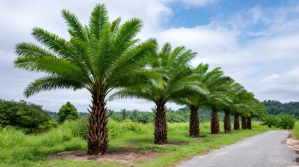Obraz premium Palm oil trees lining rural road through plantation