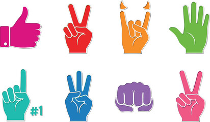 Fototapeta premium Colorful hand gesture icons set showing thumbs up peace sign counting and symbols vector illustration