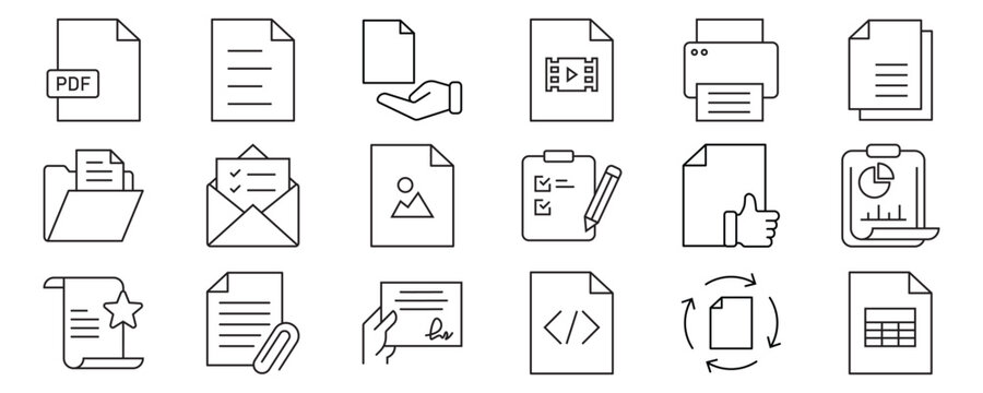 Document Web Icon Set in Line Style. Collection of File Linear Icons, Including files, format, image, text, papers, folder, certificate, invoice, share, folder, management and More. Editable Stroke