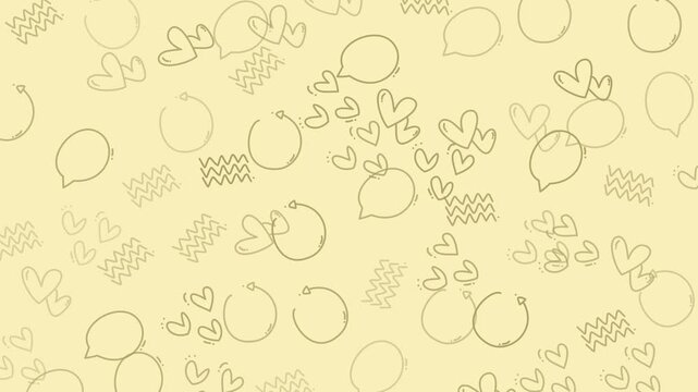 Pattern of hearts speech bubbles, zigzags on yellow. Ideal for valentines day cards, social media posts, lovethemed designs, and romantic content.