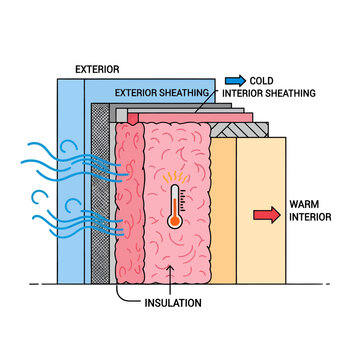Cross‑section diagram illustrating heat and cold flow through wall insulation layers in a residential building view