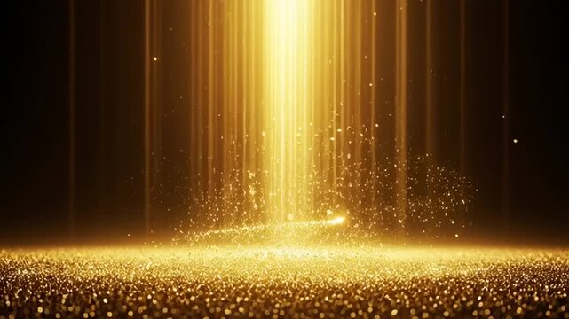Golden light rays descending onto a glittering surface with sparkles and bokeh effect in a dark background illustration