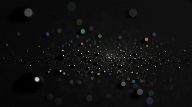 Elegant, subtle light interplay across a deep black, dew-sparkled plane Oblique angle, highlighting light refraction