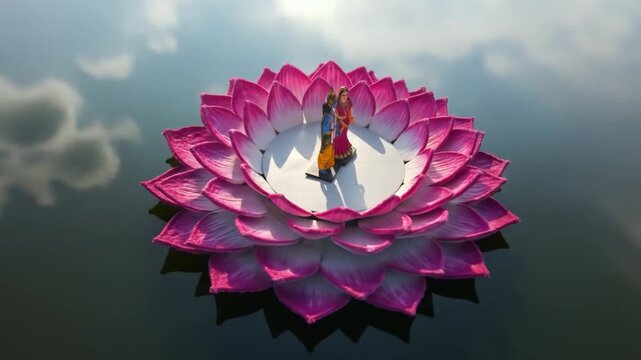 Aerial View of Radha Krishna Idols on a Giant Pink Lotus Flower.