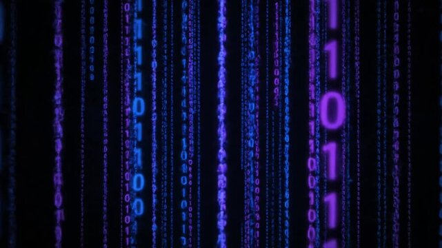Binary code streaming down screen with purple and blue numbers on black background, digital data flow, computer code animation