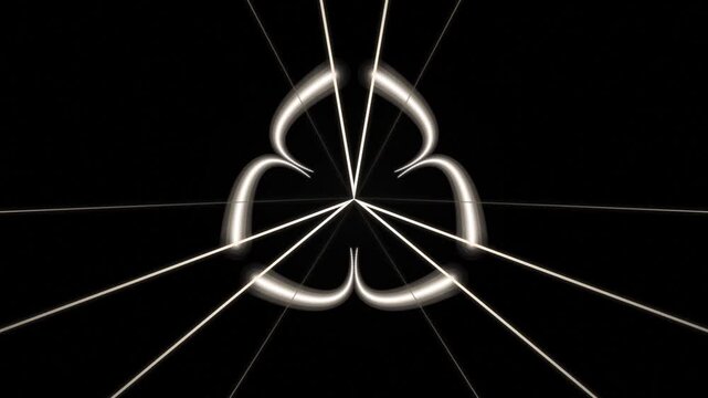 Abstract glowing light trails forming a three-petal flower shape on a black background, symbolizing motion and elegance in a digital art composition